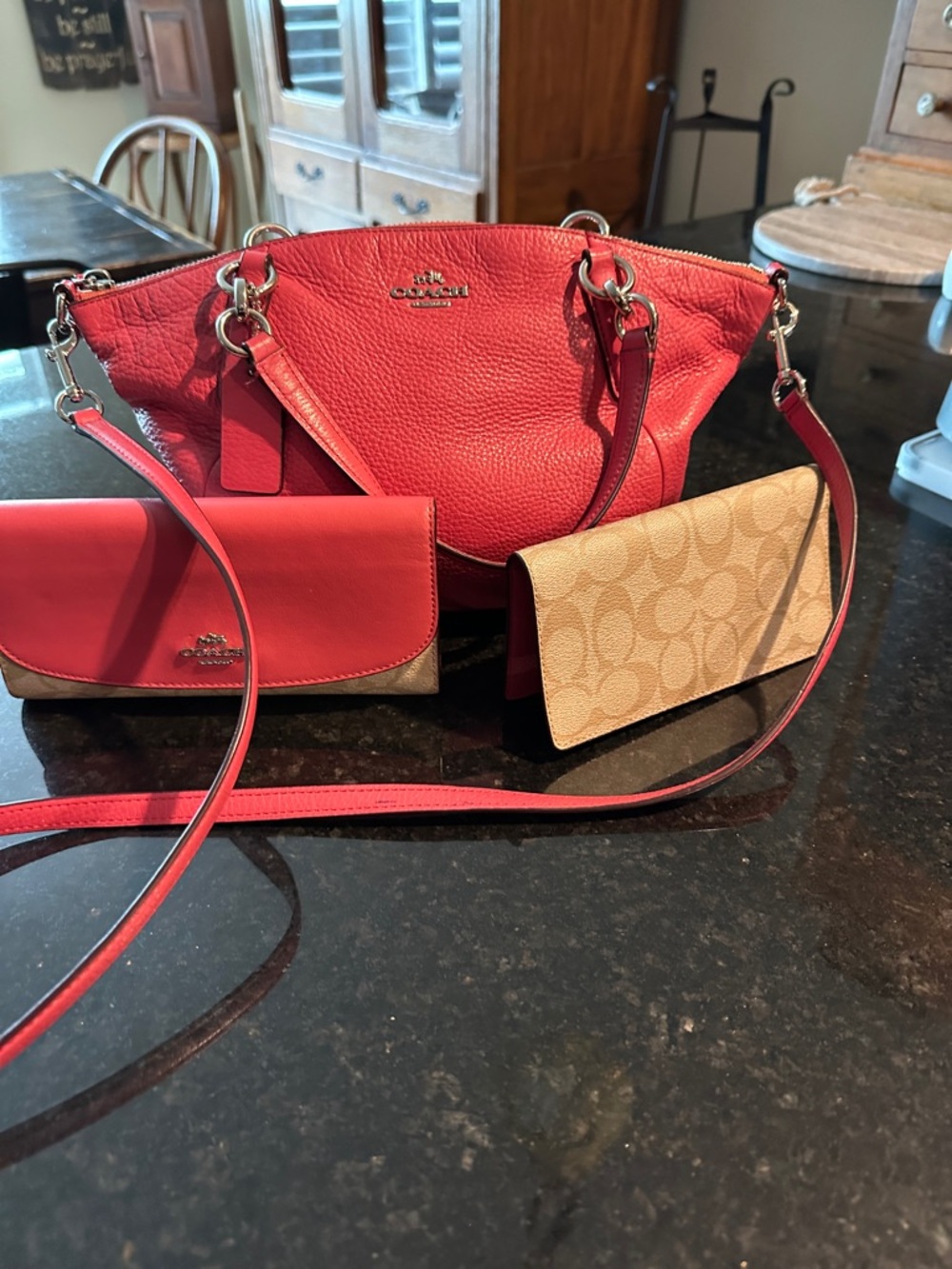 Coach Fushia pink Pebbled Leather Shoulder Bag with Signature Canvas Wallets